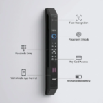 Smart Lock S99 with face recognition and fingerprint scanner on a wooden door