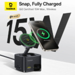 Baseus MagPro II 7-in-1 hub showing magnetic iPhone charging and rear ports.