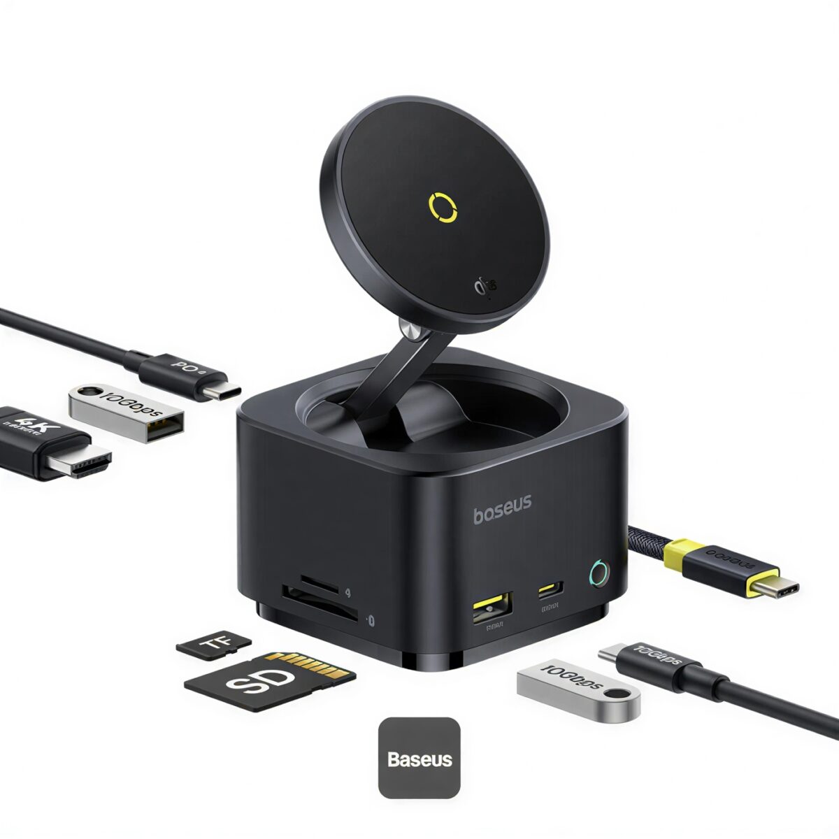 Baseus MagPro II 7-in-1 hub showing magnetic iPhone charging and rear ports.