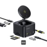 Baseus MagPro II 7-in-1 hub showing magnetic iPhone charging and rear ports.