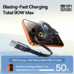 Black Baseus PrimeTrip VR2 car charger featuring a retractable USB-C cable and rotatable magnetic head.