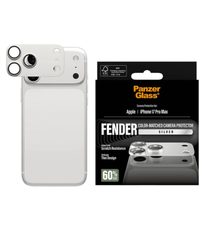 Silver PanzerGlass Fender Camera Protector for iPhone 17 Pro Max.