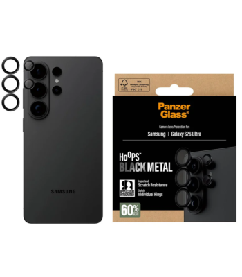 Individual PanzerGlass Hoops camera lens protectors installed on a black Samsung Galaxy S26 Ultra.