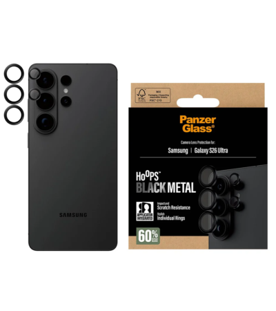 Individual PanzerGlass Hoops camera lens protectors installed on a black Samsung Galaxy S26 Ultra.