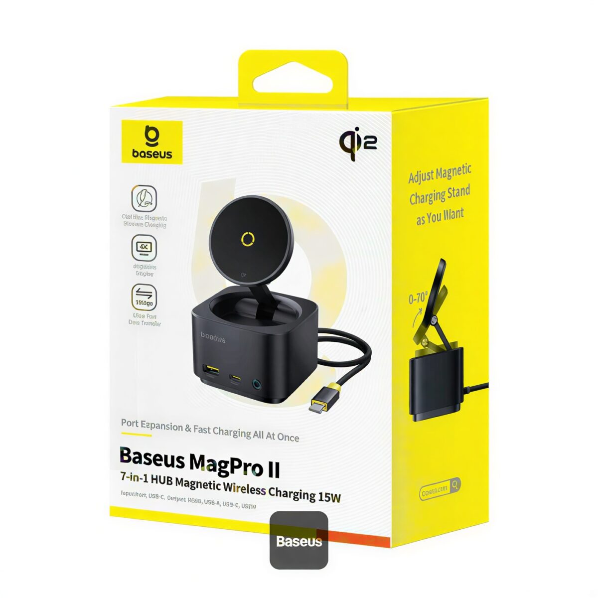Baseus MagPro II 7-in-1 hub showing magnetic iPhone charging and rear ports.