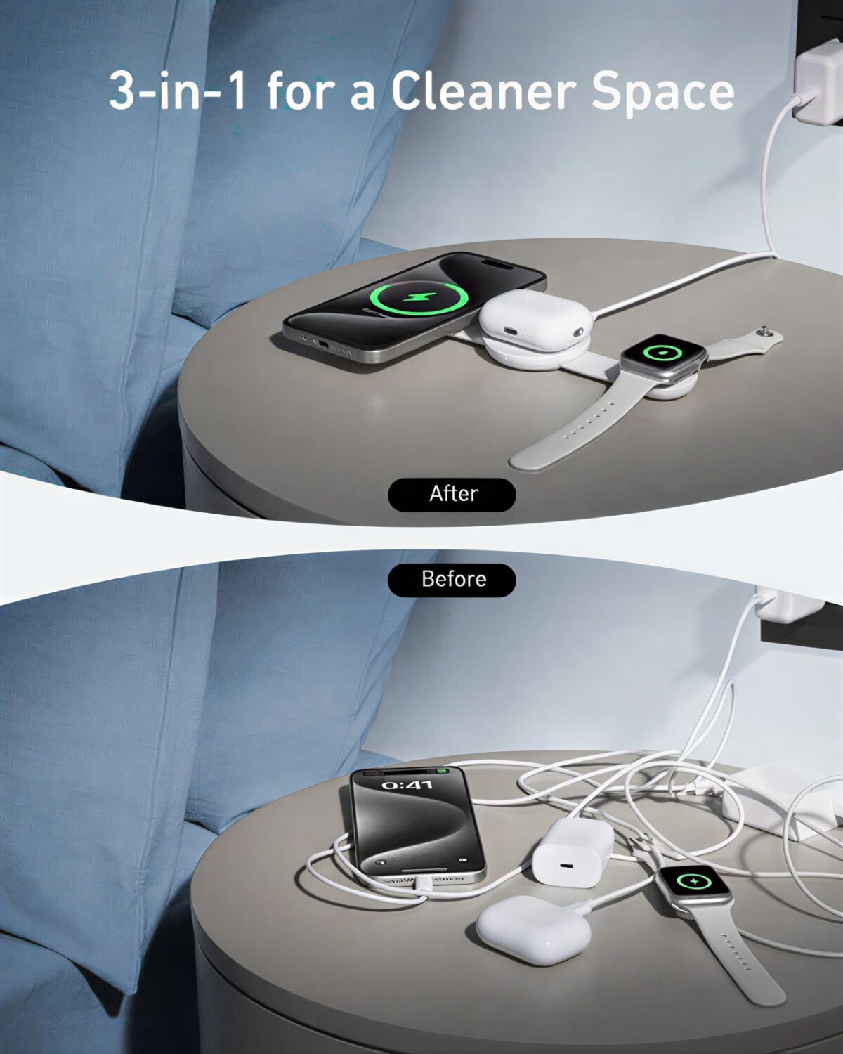 Anker 3-in-1 MagGo Wireless Charging Station White displaying iPhone and Watch