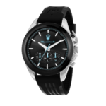 Front view of Men's Traguardo Black Watch with steel case and sunray dial