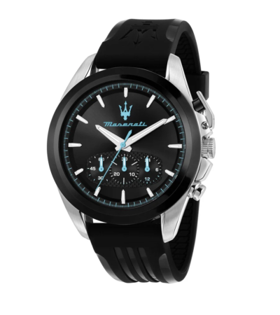 Front view of Men's Traguardo Black Watch with steel case and sunray dial