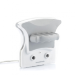 Double-sided magnetic window cleaner with safety cord on a glass pane