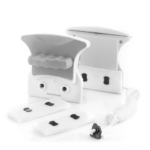 Double-sided magnetic window cleaner with safety cord on a glass pane