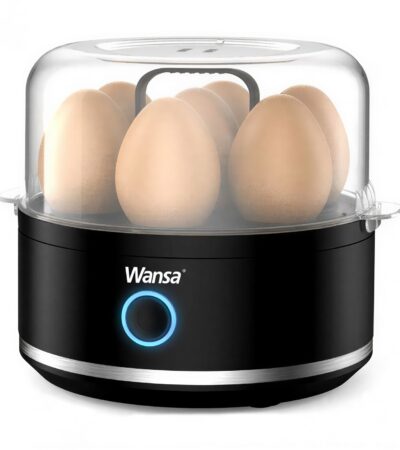 Wansa black electric egg cooker with transparent lid and egg tray