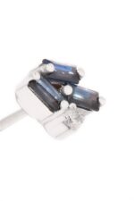 Suzanne Kalan 18K white gold earrings with dark blue sapphire baguettes and diamonds.