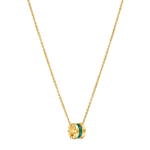 Front view of a geometric yellow gold pendant with green HyCeram inlay on a gold chain.