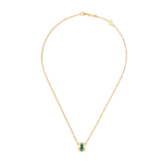 Front view of a geometric yellow gold pendant with green HyCeram inlay on a gold chain.
