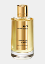 Mancera Rose Aoud & Musc 120ml EDP bottle with gold cap and black pouch