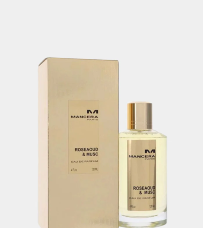 Mancera Rose Aoud & Musc 120ml EDP bottle with gold cap and black pouch