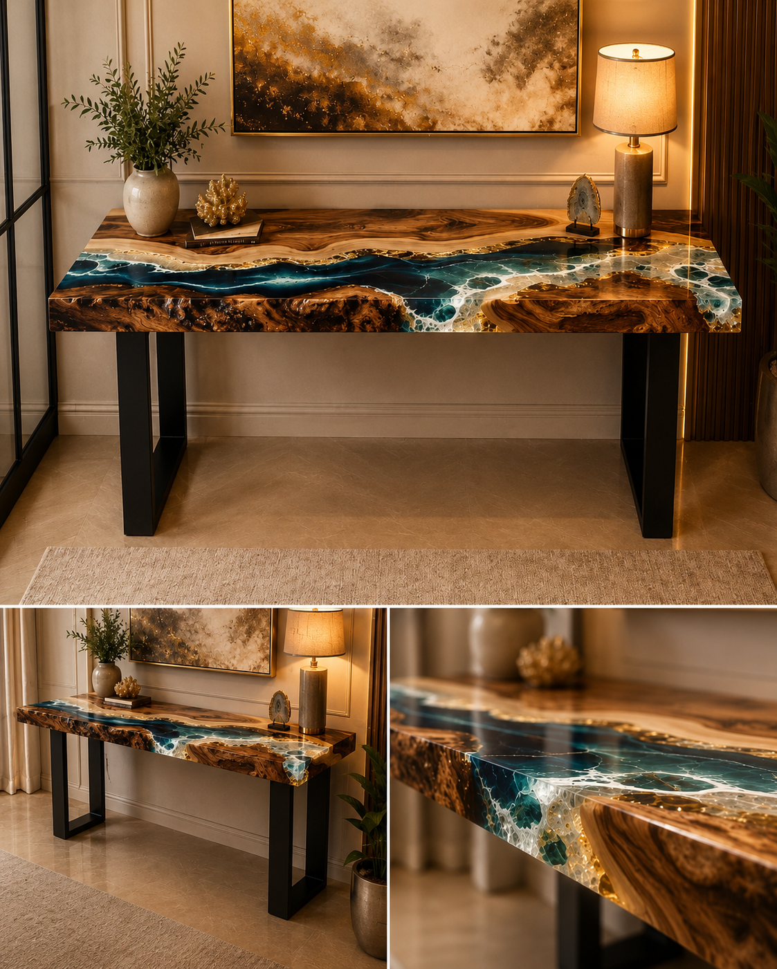 Luxury Coastal Ocean Wave Live Edge Console Table