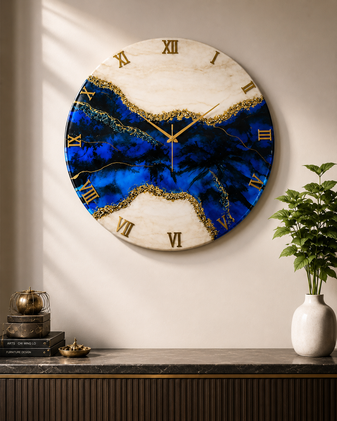Luxury Blue & Gold Epoxy River Resin Wall Clock