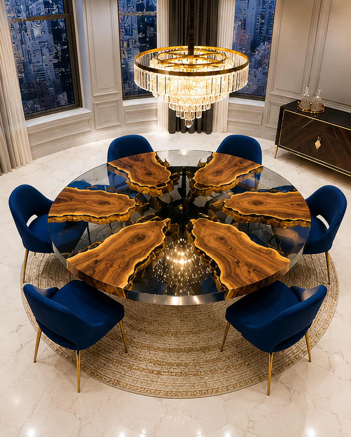 20260723_050520_f6d58cf2-b8cf-4aa0-b9d4-eaa73f877b9e.png Aura Round Live-Edge Walnut & Glass Luxury Dining Table - الصورة 1