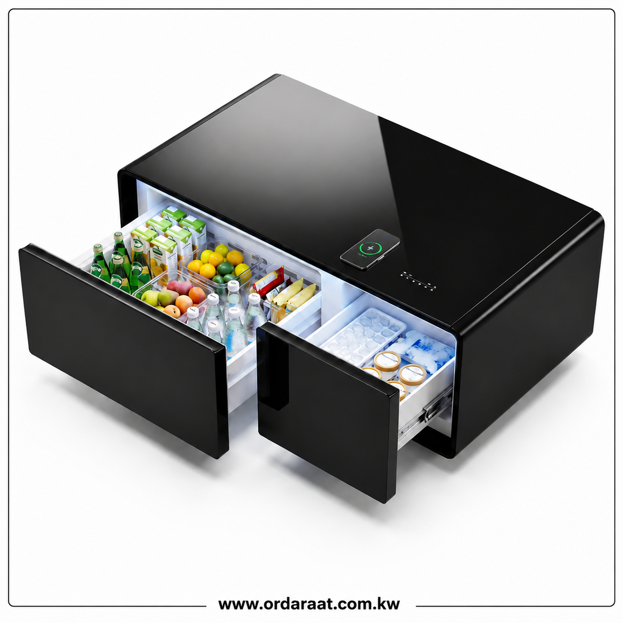 20260726_211458_aae7445c-74d1-4528-ba68-83c3f1fcdbd6-1.png Timber Smart Table with Fridge and Bluetooth (135L) - Image 1